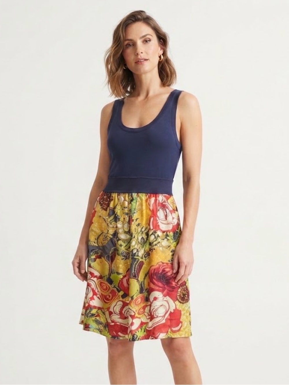 fei Blue and Multicolor Silk-Blend Floral Tank Dress SZ SP